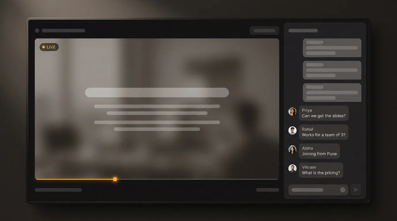 The attendee view: a synced player with a live chat rail beside it